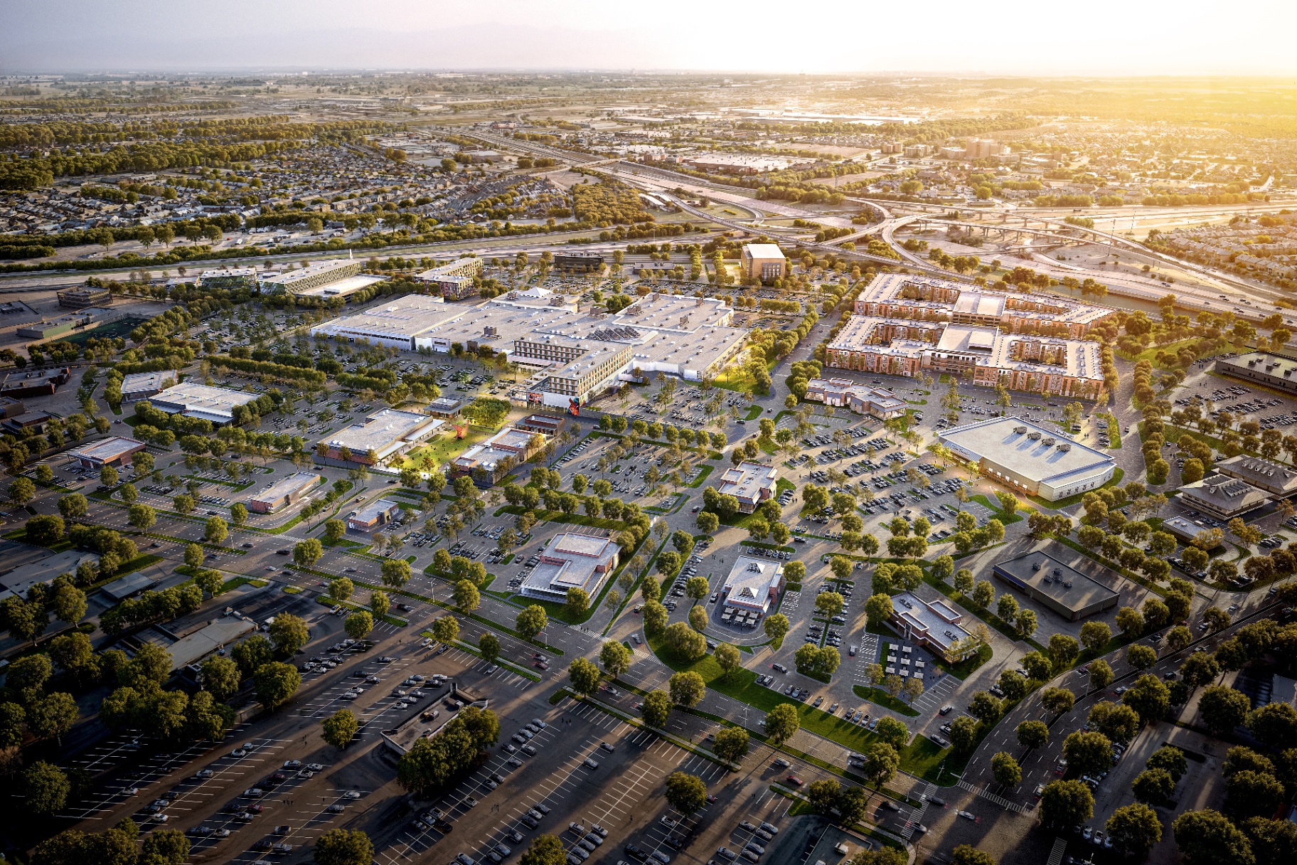 Aerial view of the reimagined Red Bird District in southern Dallas at golden hour